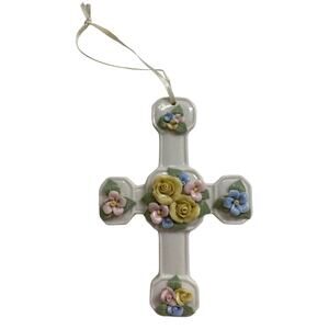 Autom Porcelain Ceramic Floral White Cross Pink Yellow Blue Roses 6" Ornament